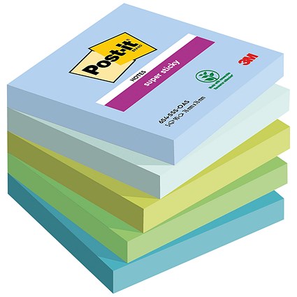 Post-it Super Sticky Notes, 76 x 76mm, Oasis, Pack of 5 x 90 Notes