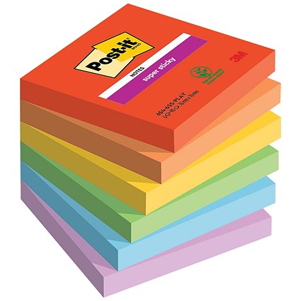Post-it Super Sticky Notes, 76 x 76mm, Playful, Pack of 6 x 90 Notes