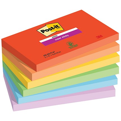 Post-it Super Sticky Notes, 76 x 127mm, Playful, Pack of 6 x 90 Notes
