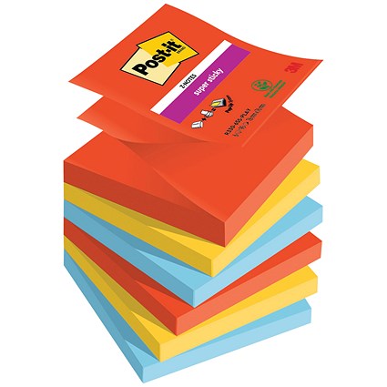 Post-it Super Sticky Z-Notes, 76 x 76mm, Playful, Pack of 6 x 90 Z-Notes