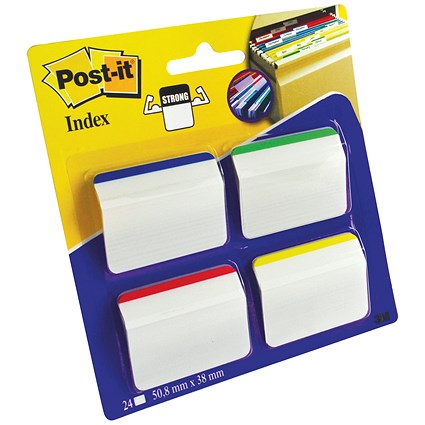 Post-it Index Angled Filing Tabs, 50 x 38mm, Assorted, Pack of 24(6 of each colour)