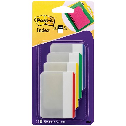 Post-it Index Flat Filing Tabs, 50 x 38mm, Assorted, Pack of 24(6 of each colour)