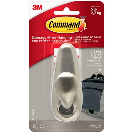 Command Brushed Nickel Metal Hanging Hook And Adhesive Strips Large FC13-BN-ES