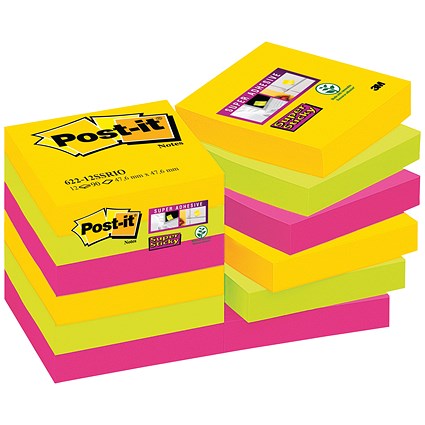 Post-it Super Sticky Notes, 47.6 x 47.6mm, Rio, Pack of 12 x 90 Notes