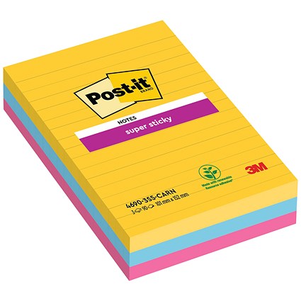 Post-it Super Sticky XXL Ruled Notes, 101 x 152mm, Rio, Pack of 3 x 90 Notes Post-it Super Sticky XXL Ruled Notes, 101 x 152mm, Rio, Pack of 3 x 90 Notes