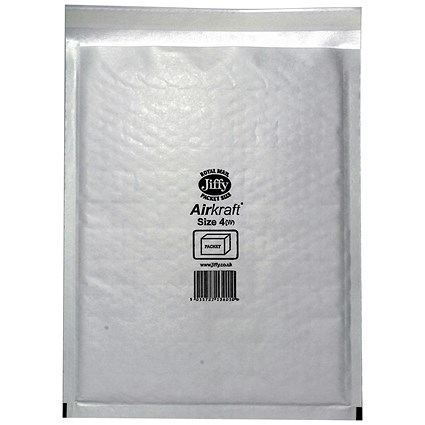 Jiffy Airkraft No.4 Bubble-lined Postal Bags, 240x320mm, Peel & Seal, White, Pack of 10