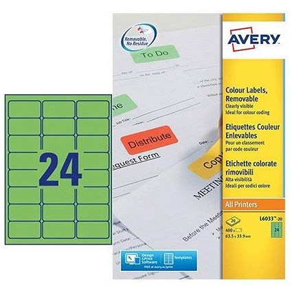 Avery Coloured Laser Labels, 24 per Sheet, 63.5x33.9mm, Green, L6033-20, 480 Labels