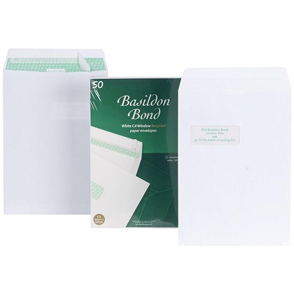 Basildon Bond Recycled C4 Pocket Envelopes, Window, White, Peel & Seal, 120gsm, Pack of 50