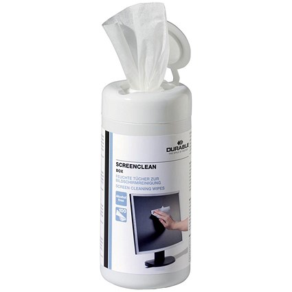 Durable Screenclean Moist Low Lint Cleaning Wipes, Pre-saturated, Tub of 100