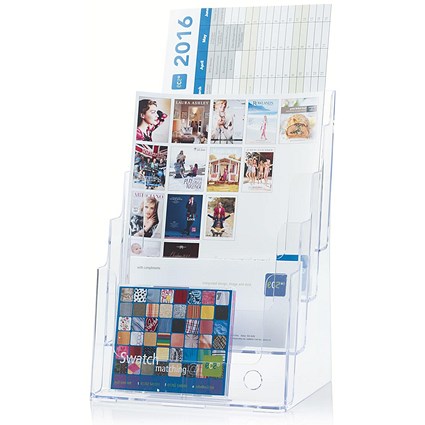 Literature Display Holder, Multi-Tier for Wall or Desktop, 4 x A4 Pockets, Clear