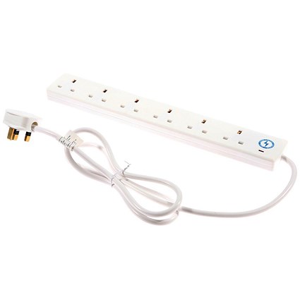 6-Way Extension Lead, Power Surge Strip, Spike Protection, 2m, White
