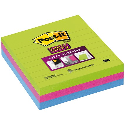 Post-it Super Sticky Notes, 100x100mm, Assorted Ultra, Pack of 3 x 70 Notes