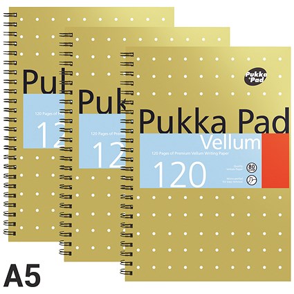 Pukka Pad Vellum Wirebound Notebook, A5, Ruled & Perforated, 120 Pages, Pack of 3