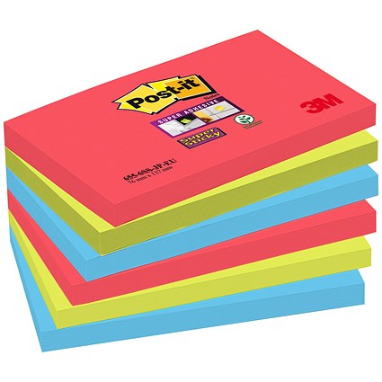 Post-it Super Sticky Colour Notes, 76x127mm, BoraBora, Pack of 6 x 90 Notes