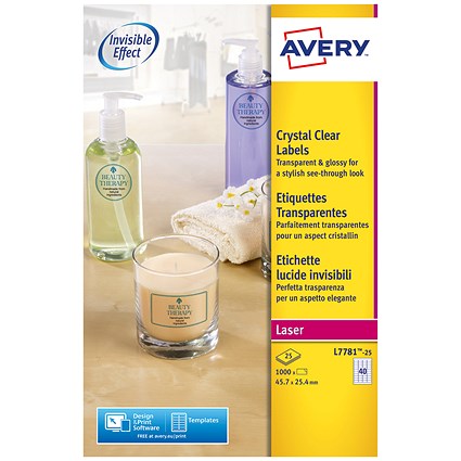 Avery Crystal Clear Durable Laser Labels, 40 per Sheet, 45.7x25.4mm, Transparent, L7781-25, 1000 Labels