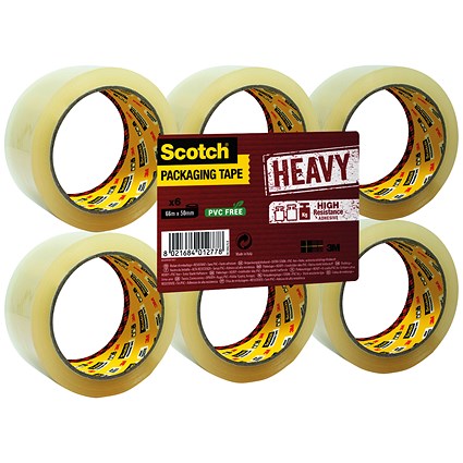 Scotch Heavy Packaging Tape, High Resistance, Hotmelt, 50mmx66m, Clear, Pack of 6
