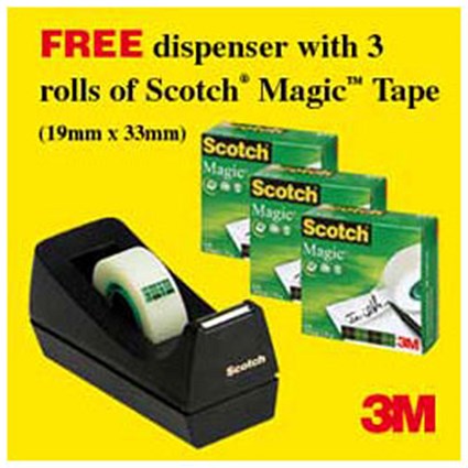 Scotch Magic Tape Virtually Invisible 3 Rolls W19mmxLx33m Plus a Free Dispenser Jan-Dec 2010