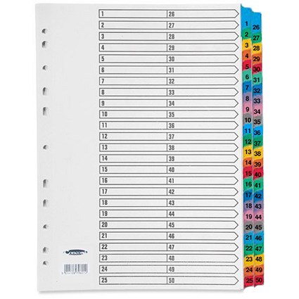 Concord Index Dividers, 1-50, Multicoloured Mylar Tabs, A4, White
