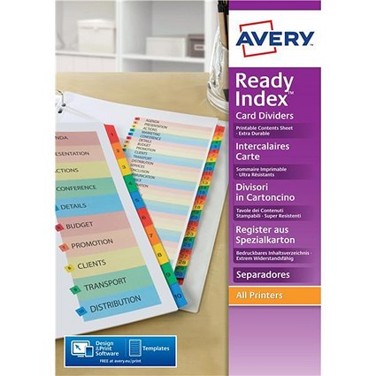 Avery ReadyIndex Dividers, 1-10, Multicoloured Mylar Tabs, A4, White