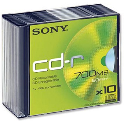 Sony CD-R Recordable Disk Write-once Cased Slim 48x Speed 80 Min 700Mb [Pack 10]