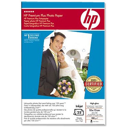 Hewlett Packard [HP] Premium Plus Photo Paper High-gloss 280gsm 100x150mm plus Tab [25 Sheets]