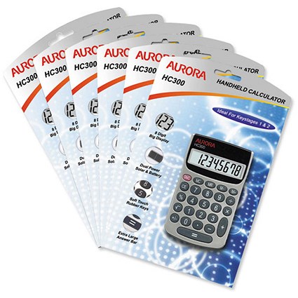 Aurora Calculator Handheld Battery/Solar-power 8 Digit Soft-touch keys 62x101x9mm Ref HC300 [Pack 6]