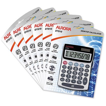 Aurora Calculator Desktop Battery/Solar-power 8 Digit 3 Key Memory 4 Constants Ref DT810 [Pack 6]