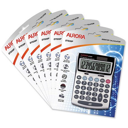 Aurora Calculator Desktop Solar-power 12 Digit 3 Key Memory Cost-Sell-Margin Tax Ref DT830P [Pack 6]