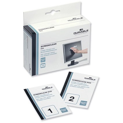 Durable Screenclean Duo Anti-Static Wet & Dry Wipes - Pack of 10 Sets