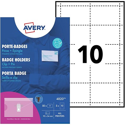 Avery 4820 Printable Name Badges with Plastic Cases and Pins, 90 x 50 mm Badges, Pack of 50, White