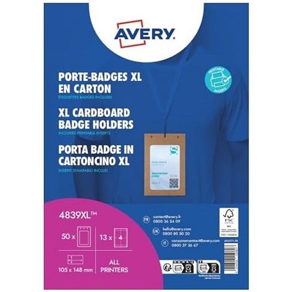 Avery A6 Cardboard Badge Holders 111mm x 166m Kraft (Pack 50) - 4839XL