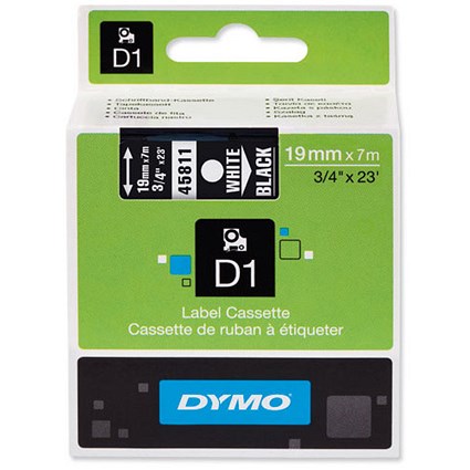 Dymo D1 Tape for Electronic Labelmakers 19mmx7m White on Black Ref 45810 S0720910