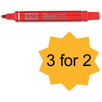 Pentel N50 Permanent Marker Bullet Tip 1.5-2mm Line Red [Pack 12] [3 For 2]