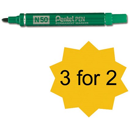 Pentel N50 Permanent Marker Bullet Tip 1.5-2mm Line Green [Pack 12] [3 For 2]
