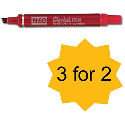 Pentel N60 Permanent Marker Chisel Tip Max.6mm Line Red [Pack 12] [3 For 2]