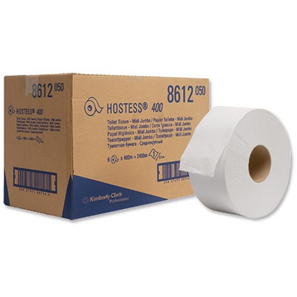 Kimberly-Clark Hostess 400 Midi Jumbo Toilet Roll 1-ply 76mm Core 400m Long Ref 8612 [Pack 6]