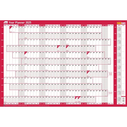 Sasco 2025 Original Year Wall Planner 915W x 610mmH With Wet Wipe Pen & Sticker Pack Board Mounted -