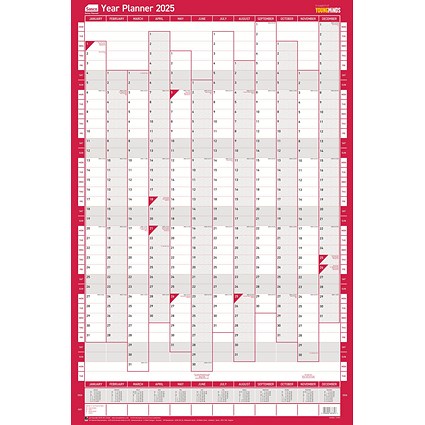 Sasco 2025 Compact Year Wall Planner 610W x 405mmH Portrait With Wet Wipe Pen & Sticker Pack Unmounted -