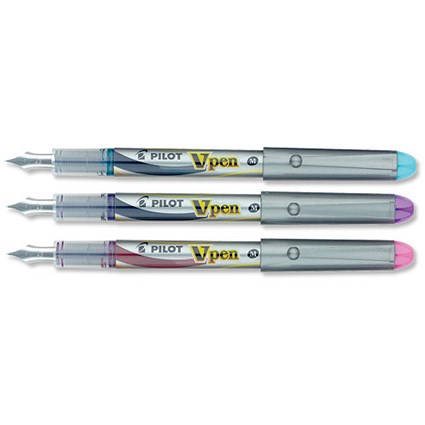 Pilot V4W Disposable Fountain Pen / Silver Barrel with Iridium Nib / Pink Violet Turquoise / Pack of 3