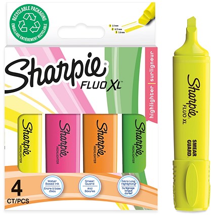 Sharpie Fluo XL Highlighters Chisel Tip Assorted Fluorescent Colours, Pack of 4