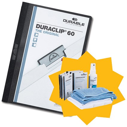 Durable Duraclip Folder PVC Clear Front 3mm A4 Black [Pack 25] [FREE Cleaning Kit]