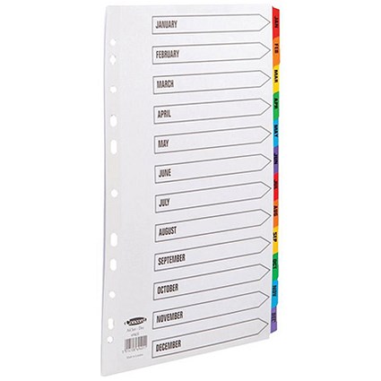 Concord Commercial Index Jan-Dec Multipunched Mylar-reinforced Multicolour-Tabs 160gsm A4 White