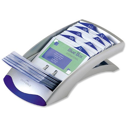 Durable Visifix Desk Business Card File / Indexed / Capacity: 200 Cards / Silver