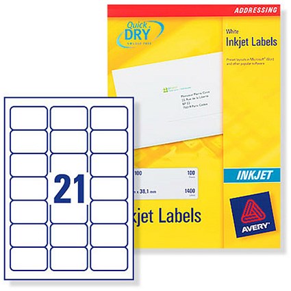 Avery Quick DRY Addressing Labels Inkjet 21 per Sheet 63.5x38.1mm White [5250 Labels]