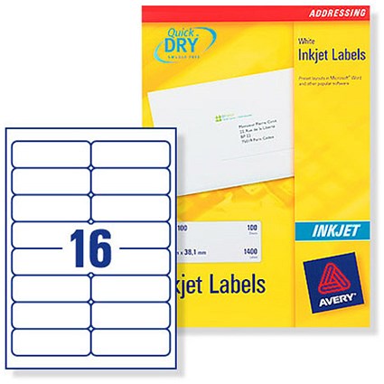 Avery Quick DRY Addressing Labels Inkjet 16 per Sheet 99.1x33.9mm White [4000 Labels]