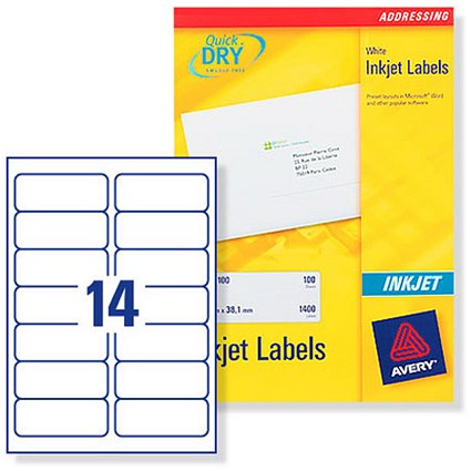 Avery Quick DRY Addressing Labels Inkjet 14 per Sheet 99.1x38.1mm White [3500 Labels]