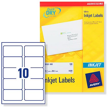 Avery Quick DRY Addressing Labels Inkjet 10 per Sheet 99.1x57mm White [2500 Labels]
