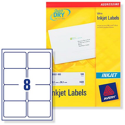 Avery Quick DRY Addressing Labels Inkjet 8 per Sheet 99.1x67.7mm White [2000 Labels]