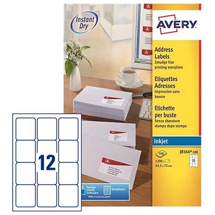 Avery Quick DRY Inkjet Addressing Labels, 12 per Sheet, 63.5x72mm, White, J8164-100, 1200 Labels