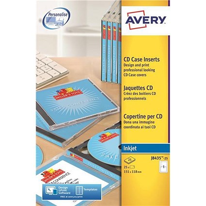 Avery CD/DVD Inkjet Case Cover and Tray Insert / 151x121mm and 151x118mm / J8435-25 / Pack of 25